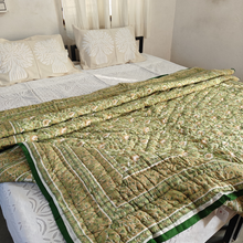 Load image into Gallery viewer, Green  Hand-Block Printed Tilonia AC Blanket
