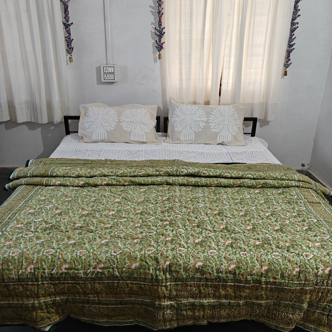 Green  Hand-Block Printed Tilonia AC Blanket