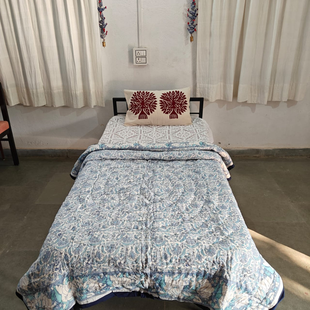 Light Blue  Hand-Block Printed Tilonia AC Blanket