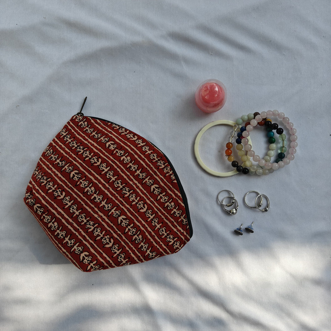 Maroon Hand-block Printed Cotton Travel Pouches of 3 Set