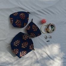 Load image into Gallery viewer, Blue Floral Hand-block Printed Cotton Travel Pouches of 3 Set
