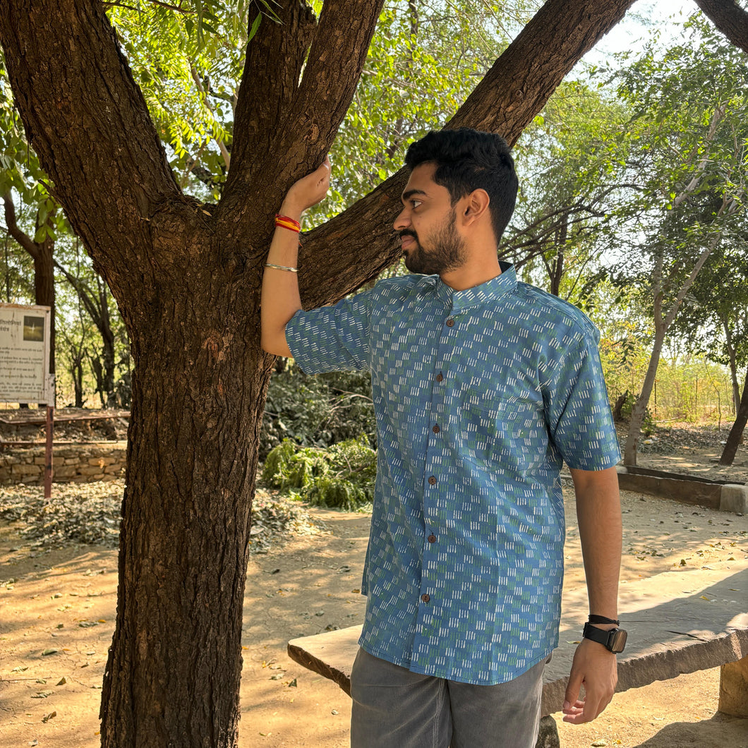 Sky Blue Block Printed Half Sleeves Shirt for Men