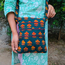 Load image into Gallery viewer, Green Hand-block Printed Travel Sling Bag
