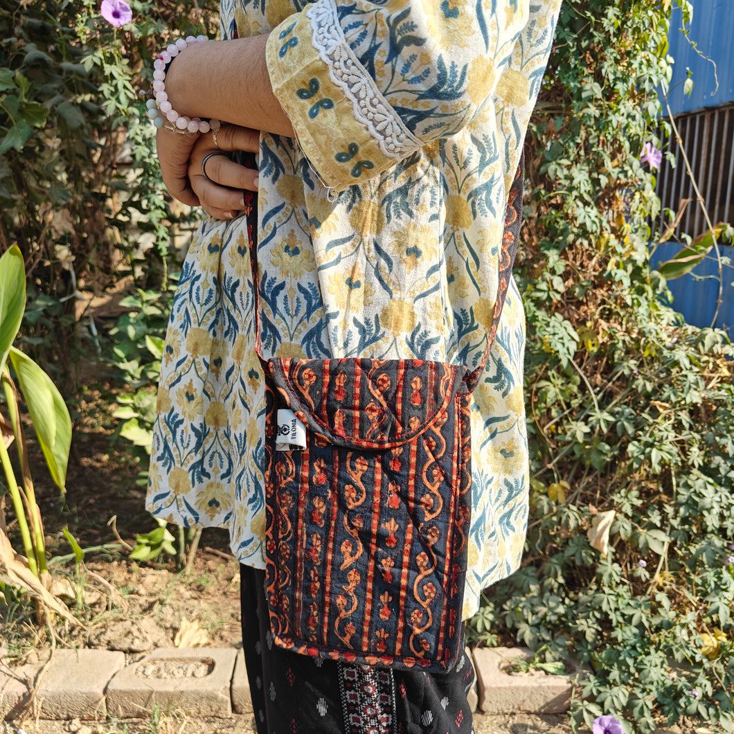 Green & Maroon Hand-block Printed Mobile Sling Bag