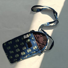 Load image into Gallery viewer, Blue Hand-block Printed Mobile Sling Bag
