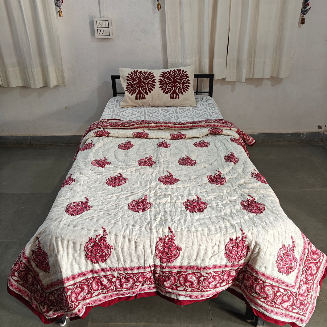 White & Red Hand-Block Printed Tilonia AC Blanket