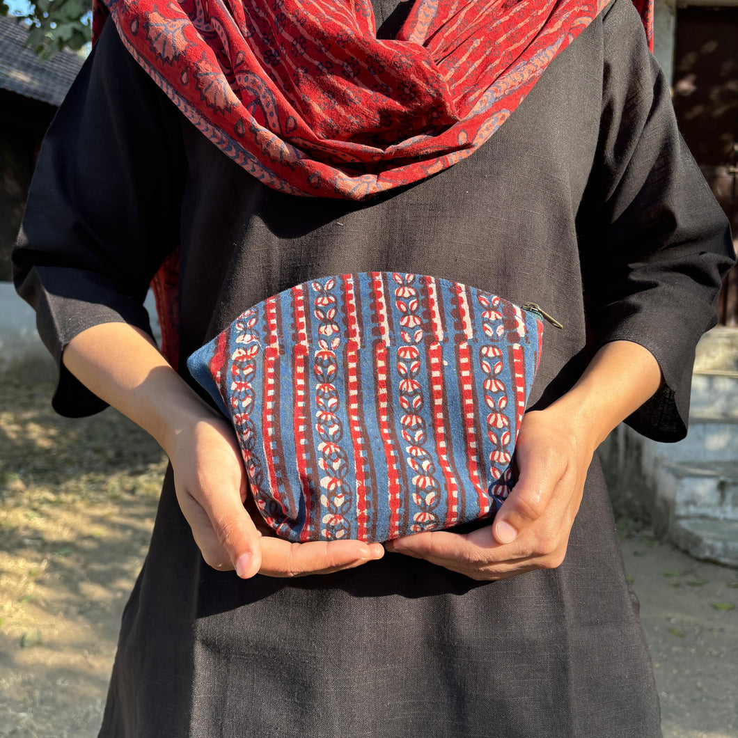 Blue & Maroon  Hand-block Printed Cotton Travel Pouches of 3 Set