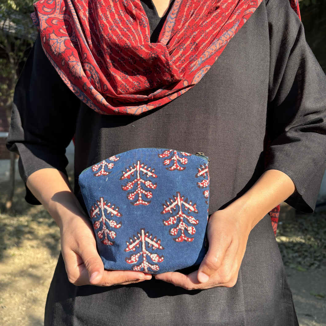 Blue Floral Hand-block Printed Cotton Travel Pouches of 3 Set